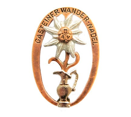 Gasteins round hiking pin showing a Edelweiß flower