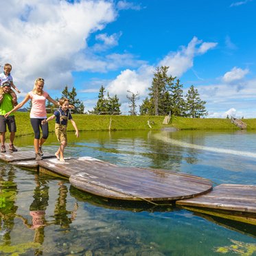 Familie beim Wander auf dem Fulseck in Dorfgastein mit Blick auf den Bergsee